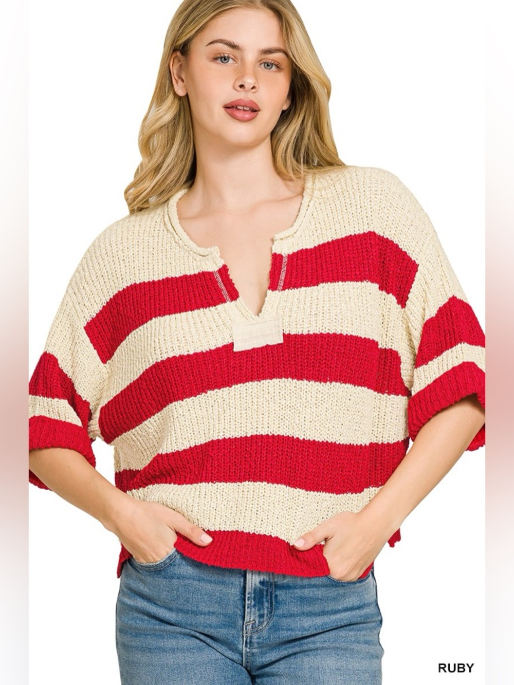 Zenana Split Neck Stripe Sweater